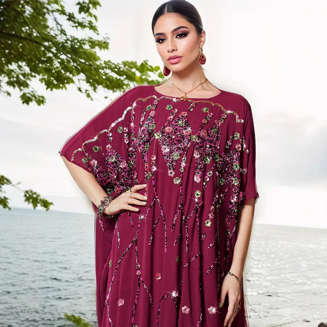 Traditional Dubai Abaya Dress Embroidered Loose Kaftan with Sequins for Muslim Women & Middle East Party Dress