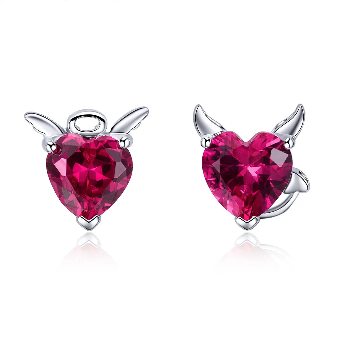 Fashion 925 Sterling Silver Angel and Devil Pink CZ Heart Stud Earrings for Women Silver Jewelry Party Gift SCE414