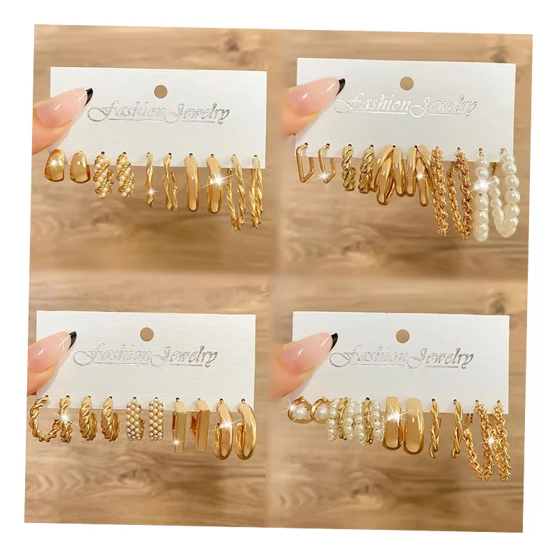 5 Pcs /Set Retro Gold Color Pearl Geometric Design Big Hoop Heart Earrings Set