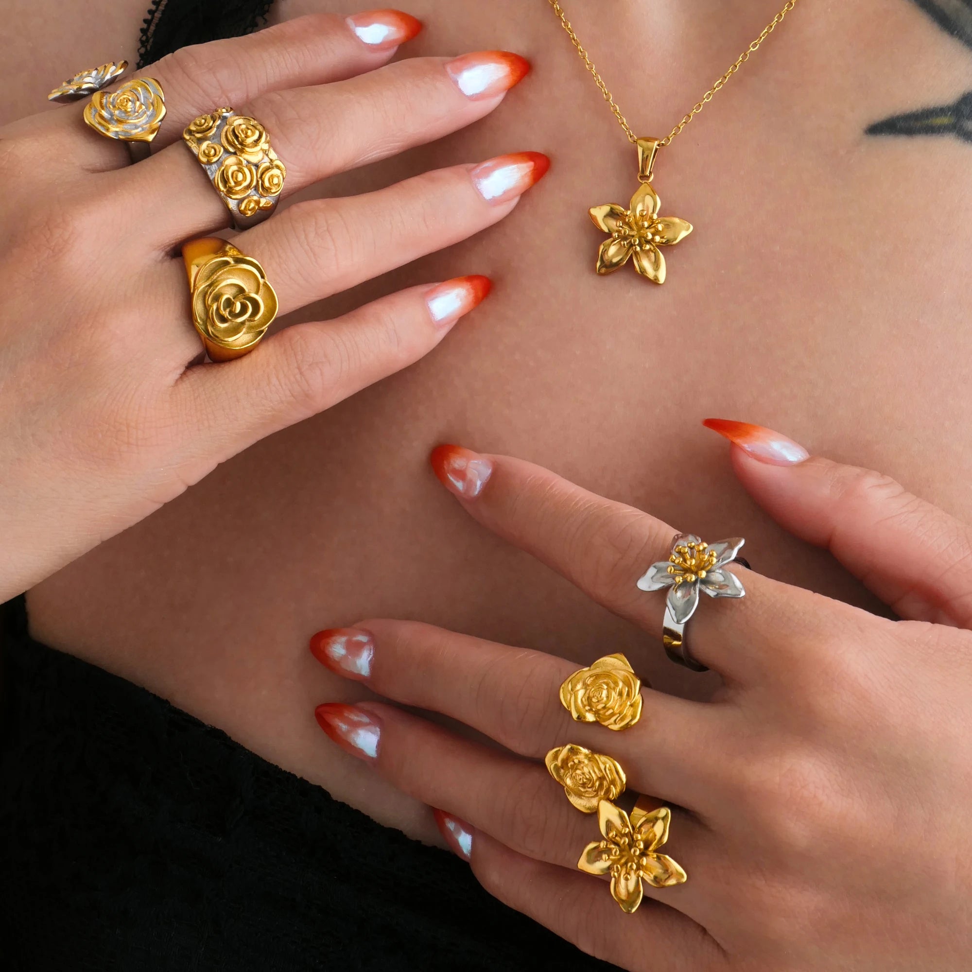 NEW BOHO STACKABLE GIFTIDEAS BLOOMING FLOWER RING SET SET Dazan 2025 HOT 18k PVD Gold Plated Stainless Steel Layered JEWELRY
