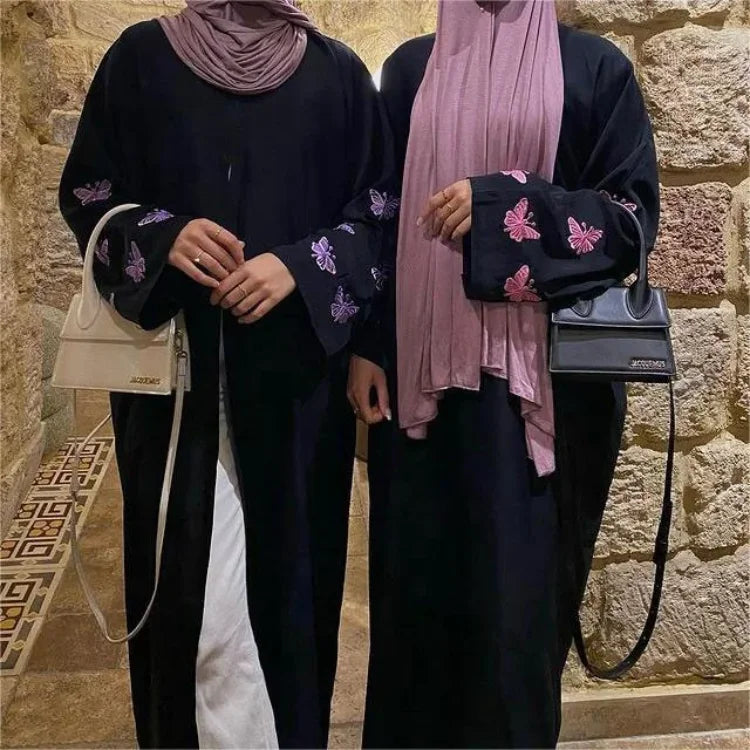 Eid Customized Gorgeous Black Open Abaya With Butterfly Embroidery Sleeve Ramadan Traditional Islamic Clothing Nida Closed Abaya