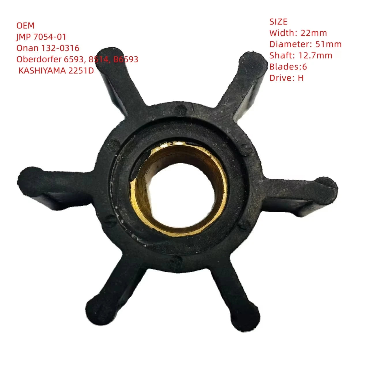 HTong 7054-01 JMP Closed Marine Flexible Brass Impeller Replaces Oberdorfer 6593 8514 B6593 Onan 132-0316  Rubber Impeller