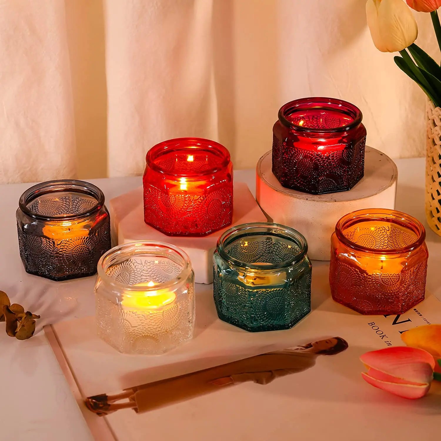 DIY Candlestick Retro Luxury Relief Pattern Handmade Candle Jar Empty Glass Candle Jar with Metal Lids for Candle Making