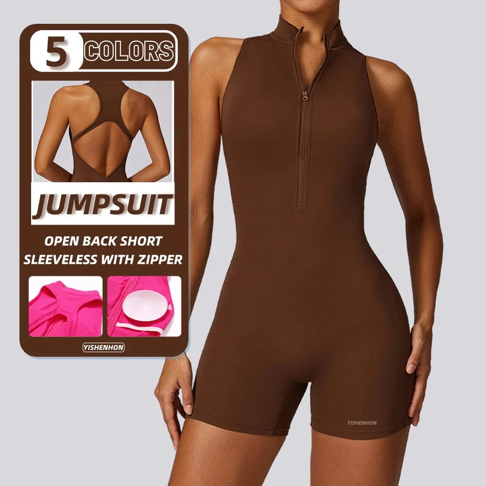 YISHENHON 2024 High Intensity Zipper Stand up Collar Sports Rompers Workout Bodysuit Gym Fitness Jumpsuits One Piece Yoga Women