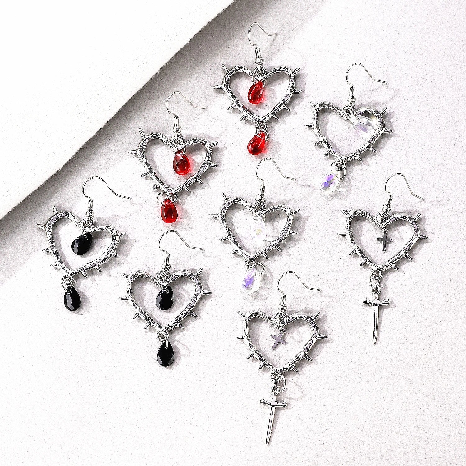 Wholesale Punk Jewelry Handmade Thorn Rivet Earrings Dark Gothic Geometric Heart Cross Drop Pendant Earrings Gifts for Women