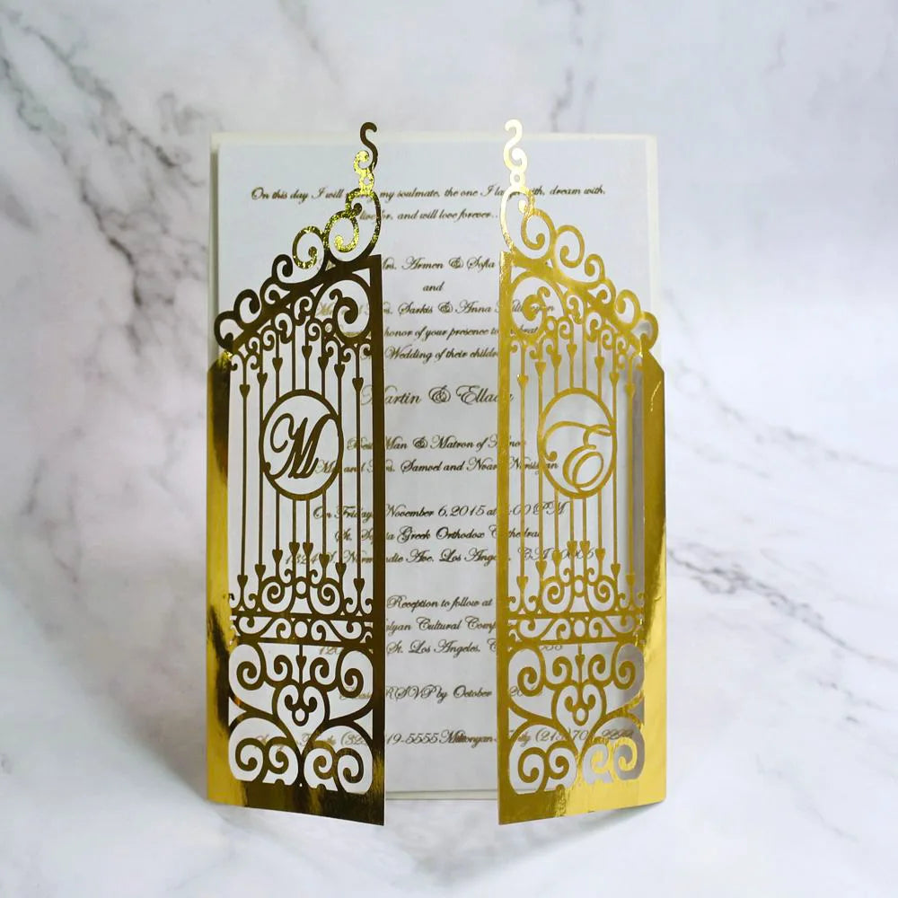 Luxurious Gold Mirror Paper Laser Cut Card Gatefold Design Wedding Invitation Suite with Bride and Groom Initial MegaBDM