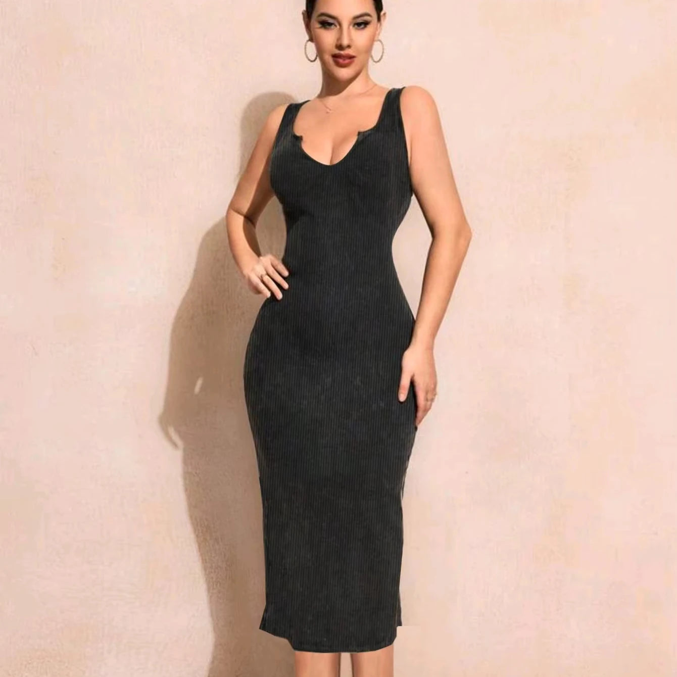 2024 New Sexy Deep V-Neck Sleeveless Knitted Slim Midi Dress Chic Office & Evening Dress for Women