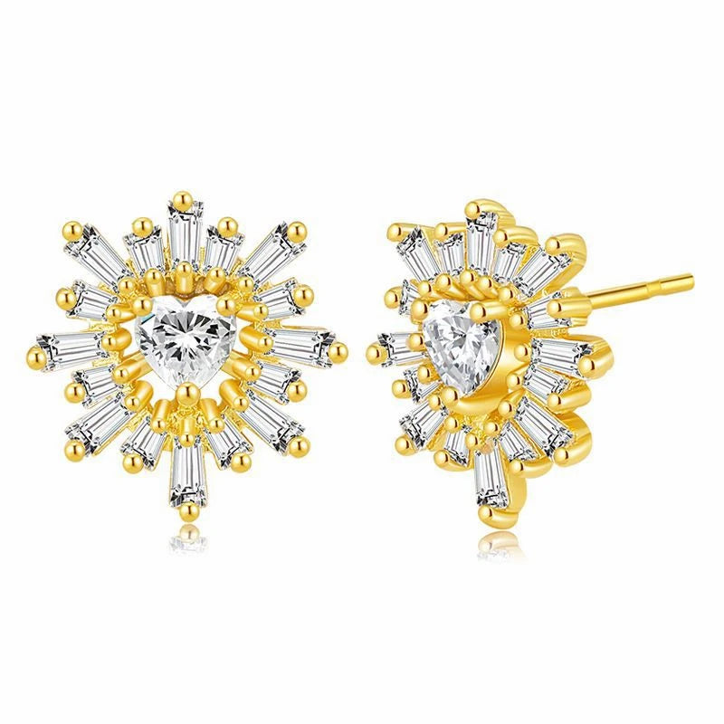 Wholesales Fashion Gold Plating Zircon Heart Stud Earring Cubic Zircon Geometric Hollow Heart Women Earring