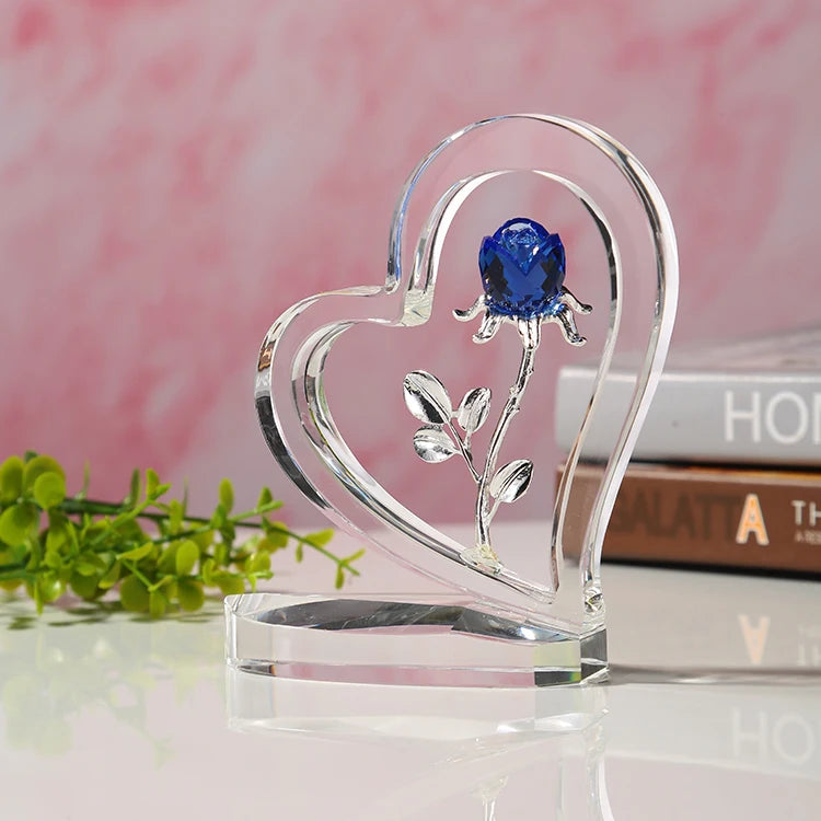 2025 Valentine's Day Souvenir 3D Rose Heart Shape Crystal Glass Model Quartz Rose with Cross Theme Perfect Gift Boxed