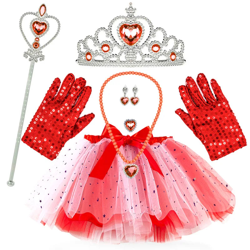 Princess Tutu Skirt Set for Girls With Tulle Skirt Jewelry Crown Wand Arm Sleeves for Parties and Gifts