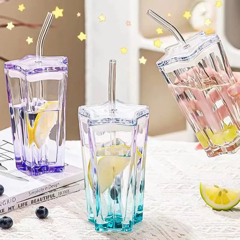 Customized Logo 300ML Pentagonal Star Glass Straw Cup High Aesthetic Modern Color Gradient Cold Drink Cup Ins Coffee Glass Mug