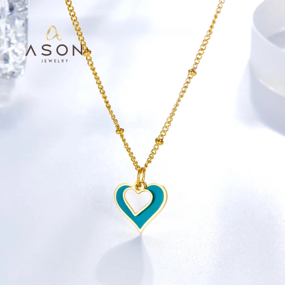 Ason Jewelry Fashion Stainless Steel Two Tone love Heart Shaped Shell Necklace 18K Gold Plated Heart Pendant Necklace for Women
