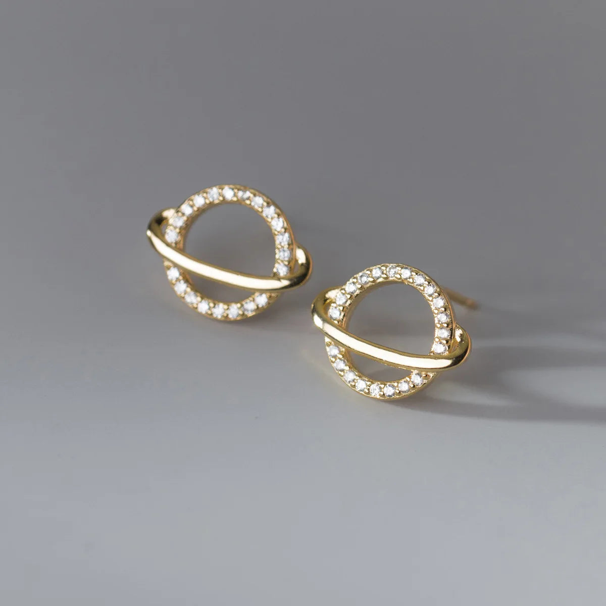 Fashion Jewelry 925 Sterling Silver Earrings Simple Round Circle Planet Diamond Zircon Gold Plated Stud Earrings Women