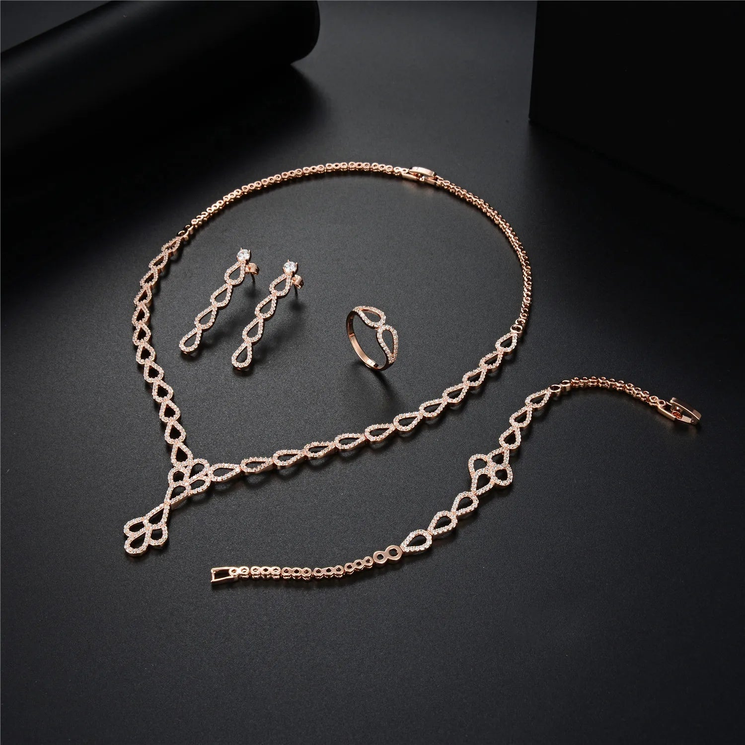 Abiding 18K Rose Gold Plated Zirconia Luxury Earring Ring Bracelet Necklace Women 925 Sterling Silver Jewelry Sets for Bridal