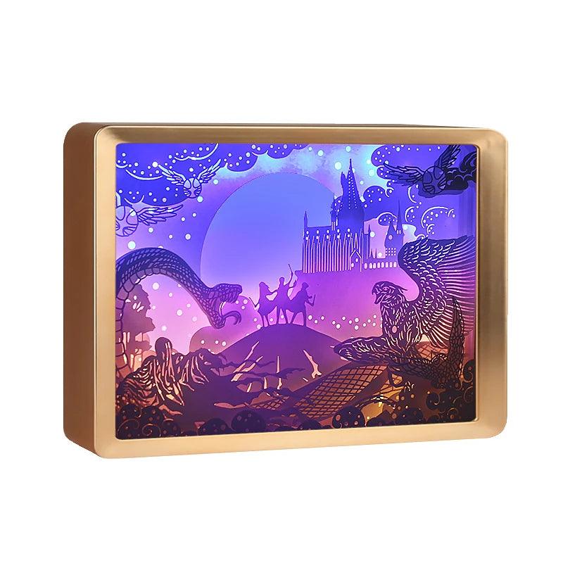 Promotional Harry Hogwarts Castle Style 3D Paper Cut Led Lighted Shadow Box Frame for Gifting