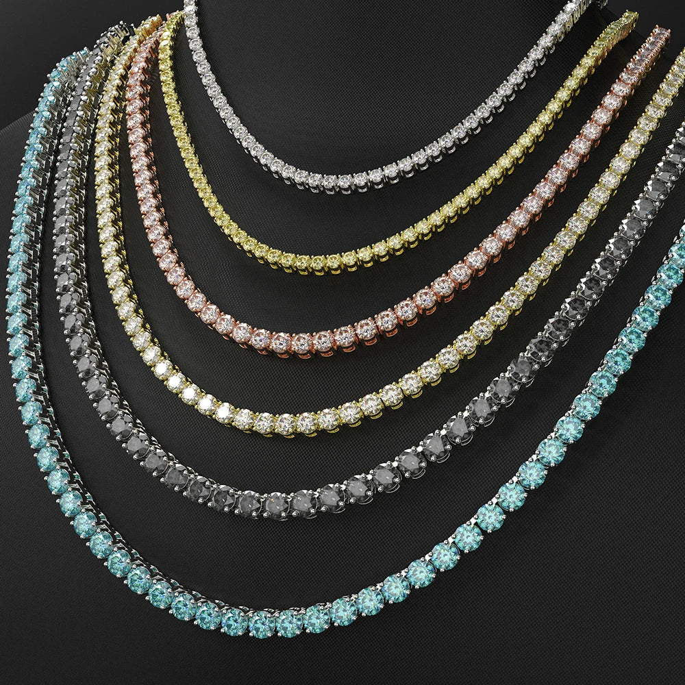 Hip Hop Ice Out  3mm 4mm 5mm 6mm Black Blue 925 Sterling Silver VVS Moissanite Diamond Tennis Bracelet Link Chain Necklace