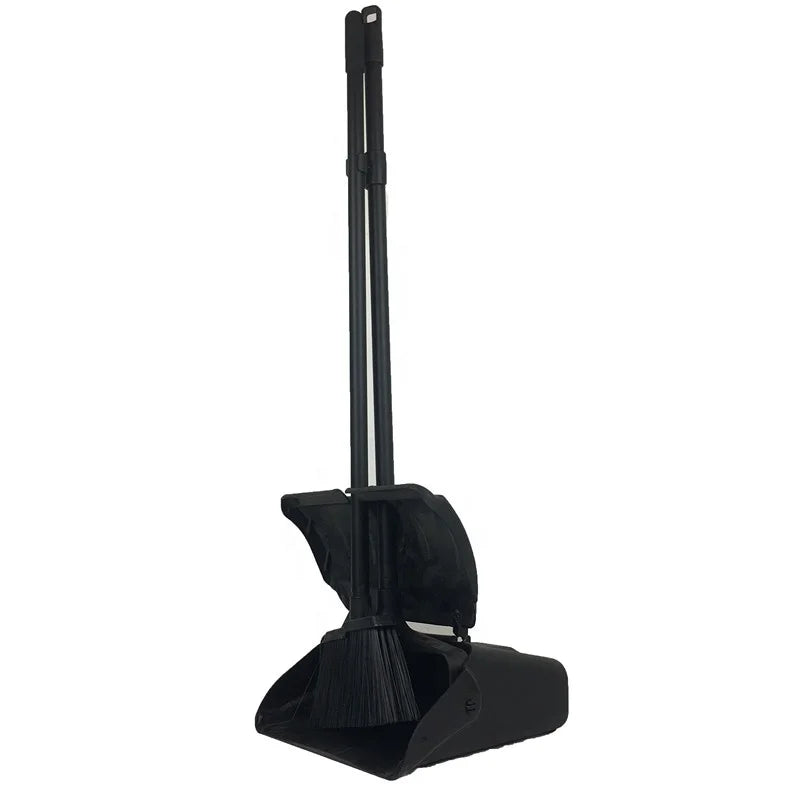 Pivoting Standing Lobby Dustpan With Metal Long Handle and Plastic Broom Head Set