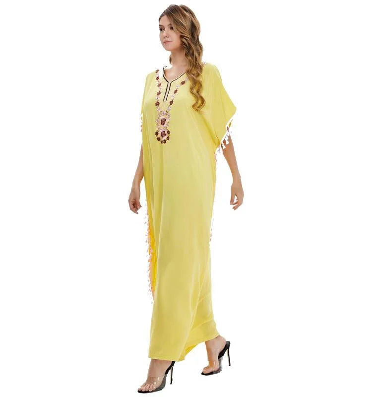 Yellow Black Hot Sale Muslim Women's Dress Europe the Middle East Printed Large Size Loose Islamic Robes With Nylon Lace