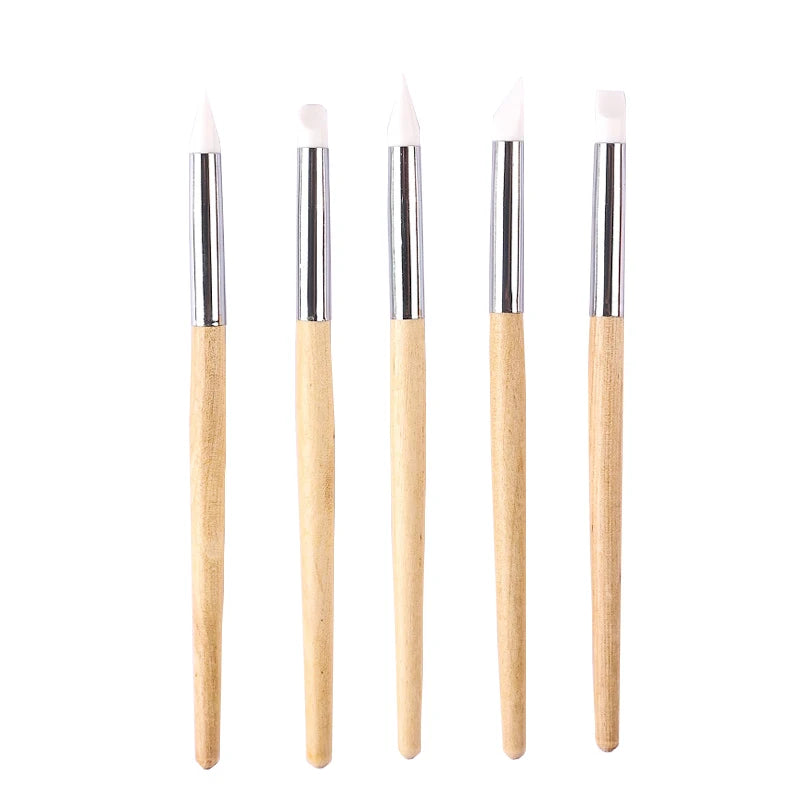 5 Pcs Custom Professional Flat Oval Silicone Gel Nail Art Brush Set with Crimped Ferrule Wood Handle Manicure Craft