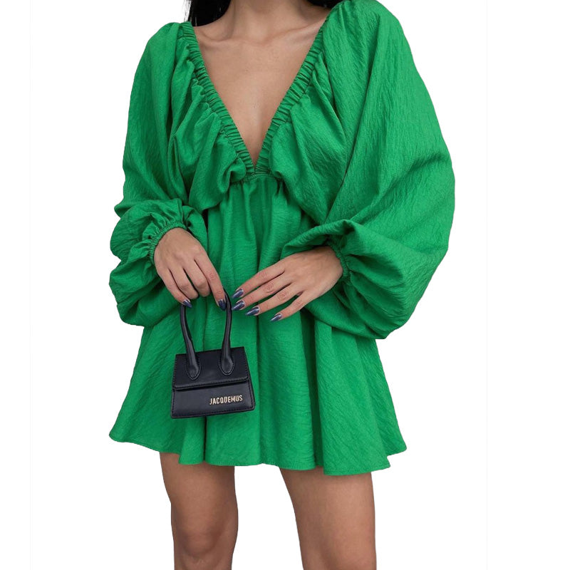 2026 Deep V Neck Mini Dress Sexy Clubwear Puff Sleeves Solid Color Plunge Neck Dress Open Back Summer Dresses