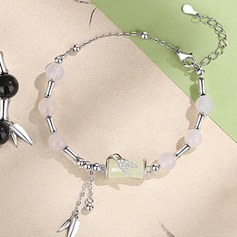 925 Pure Silver Material Original Design Lady's Bamboo-shaped  Bracelet Chinese Style and Tian'er Jade Beads
