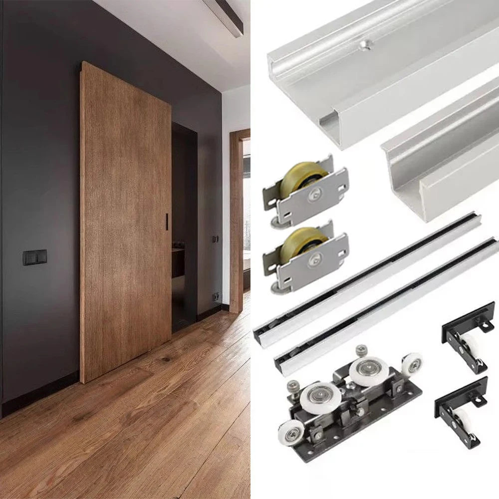 RHETECH Concealed Sliding Barn Door Hardware with Soft Close Mechanism Invisible Magic Trackless Two-way Buffer Hardware Kit