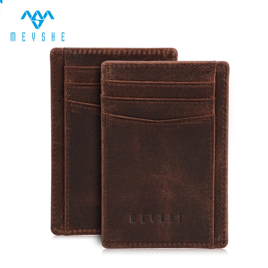 Custom Men's Slim Credit Card Holder Brown Crazy Horse Genuine Leather with Embossed Logo RFID Side Access