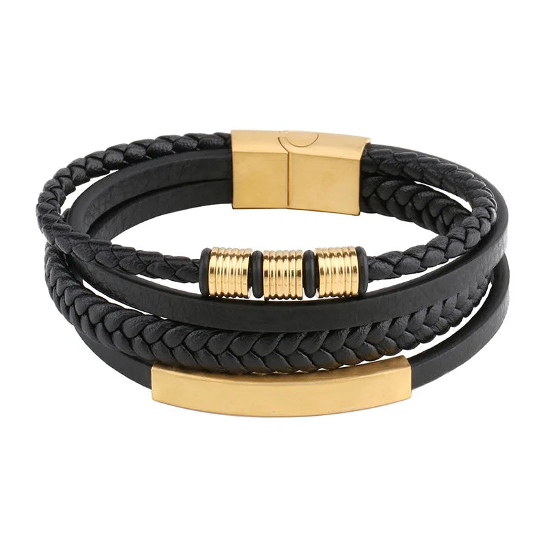 New Arrival Multilayer Leather Bracelet Stainless Steel Clasp Tube Leather Bracelet for Men With Customized Logo Engrave Bangle