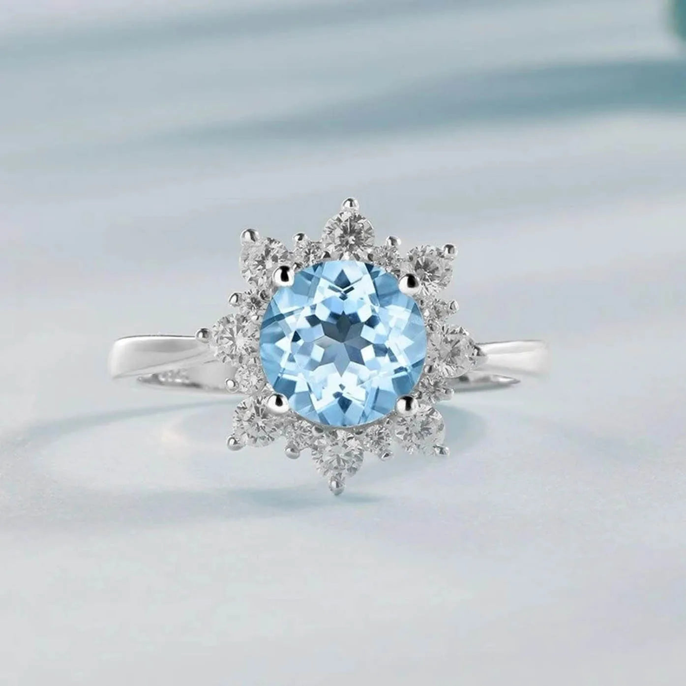 Popular Fashion 925 Sterling Silver Jewelry Natural Aquamarine Ring White Topaz Flower Ring Jewelry