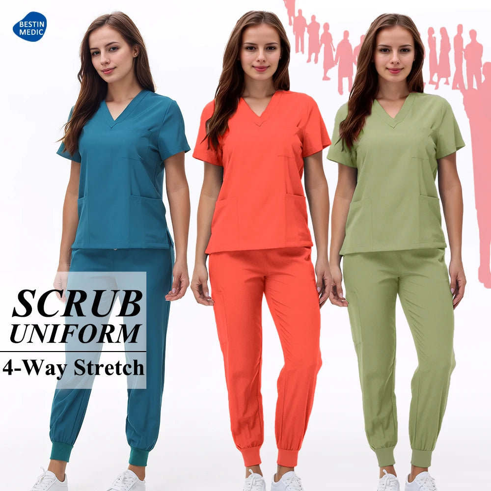 New Nursing Scrubs Set Polyester Spandex Medical Outfits Unisex Four-way Stretch Joggers Scrubs Uniforms for Students