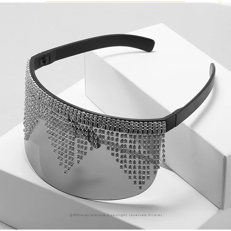 Best Sell Branded Big Frame Diamonds Chains Tassels Sunglasses Party Women Oversized Bling Sun Visor Shield Glasses