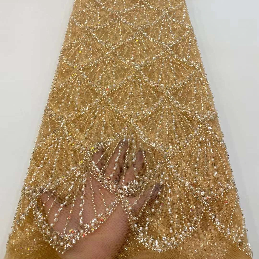 Nigerian Embroidery French Tulle Lace Fabric 5 Yards Eco-Friendly Pink Color Sequins 100% Polyester