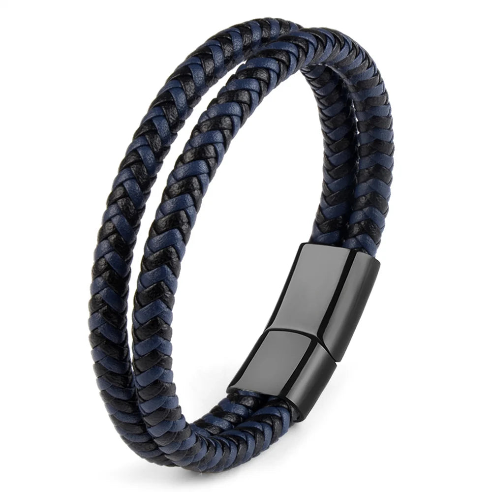 Handmade 2 Wraps Genuine Leather Stainless Steel Clasp Men Leather Bracelet