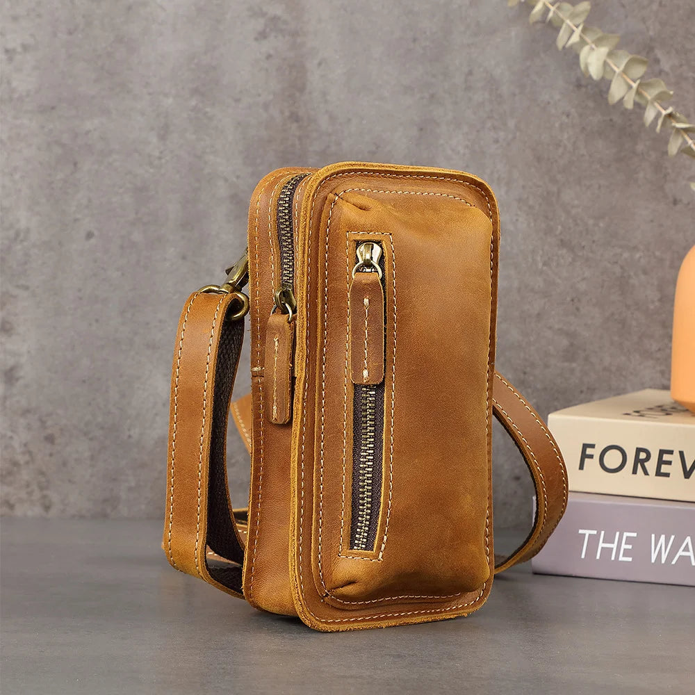 Crazy Horse Leather Crossbody Bag Mens Vintage Wallet with Belt Strap Mini Phone Pouch Genuine Leather Waist Pack
