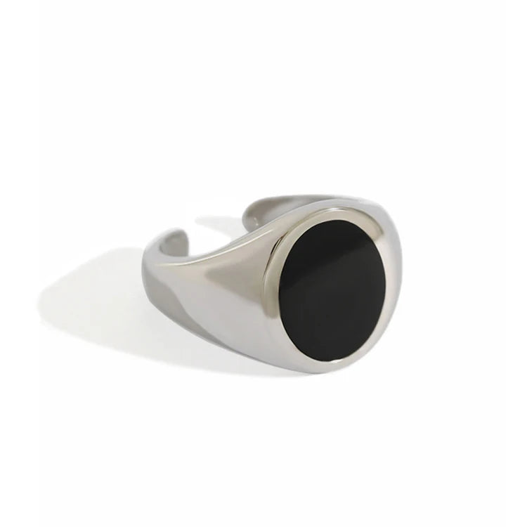 HJZ444 Solid 925 Sterling Silver Vintage Black Epoxy Oval Rings for Women Fine Jewelry Silver Enamel Oval Ring