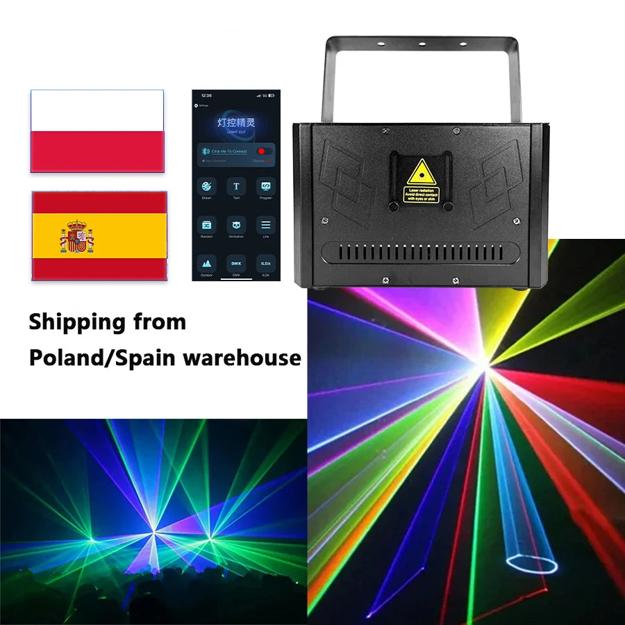 10W RGB Full-Color Animation Laser Light RJ45/ILDA/DMX512/Bluetooth App Control for DJ Disco Party Weddings Stages Laser Light