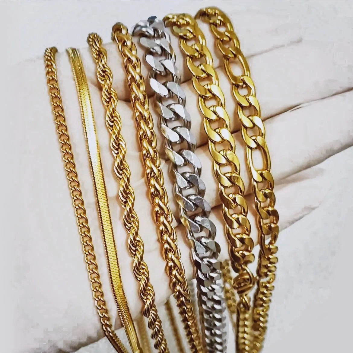 Olivia 18K Gold Cuban Link Chain Figaro Chains Wheat Chain Stainless Steel Rope Chain Men Women Herringbone ChainNecklace