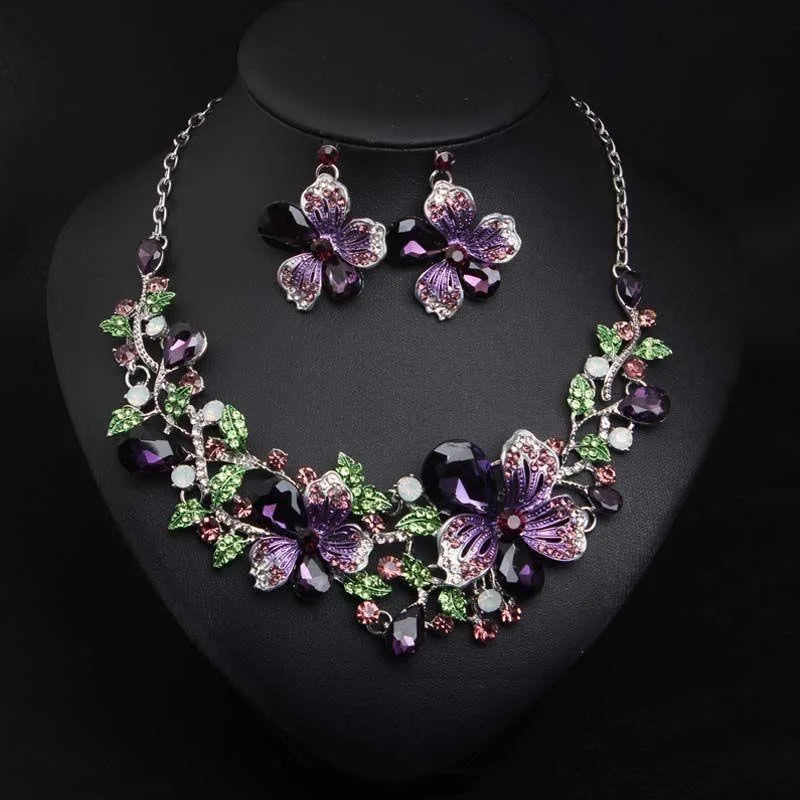 Crystal Flower Bib Statement Necklace Set Chunky Diamond Flower Statement Necklace & Earrings Jewelry Set for Women