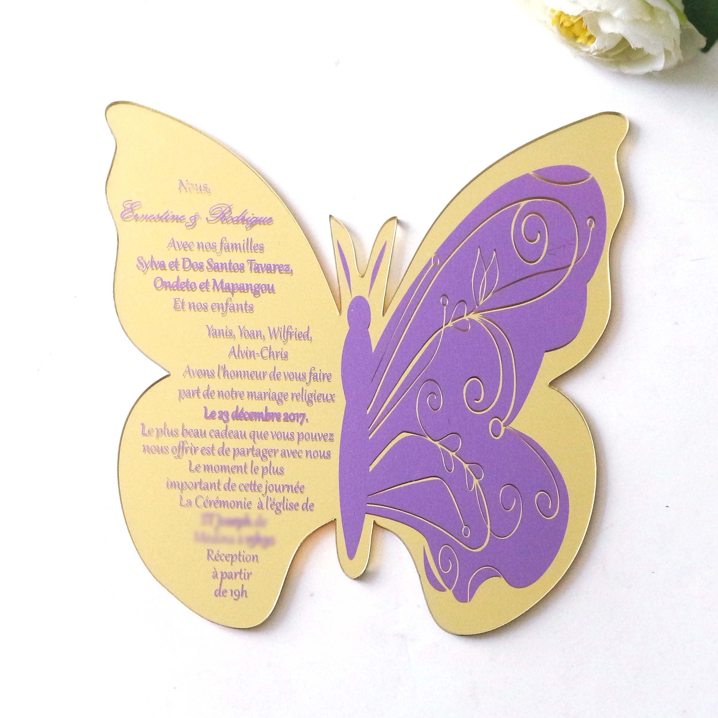 Customized Shape Butterfly Acrylic Wedding Invitation Gold Mirror Decorating Cards Purple Printing
