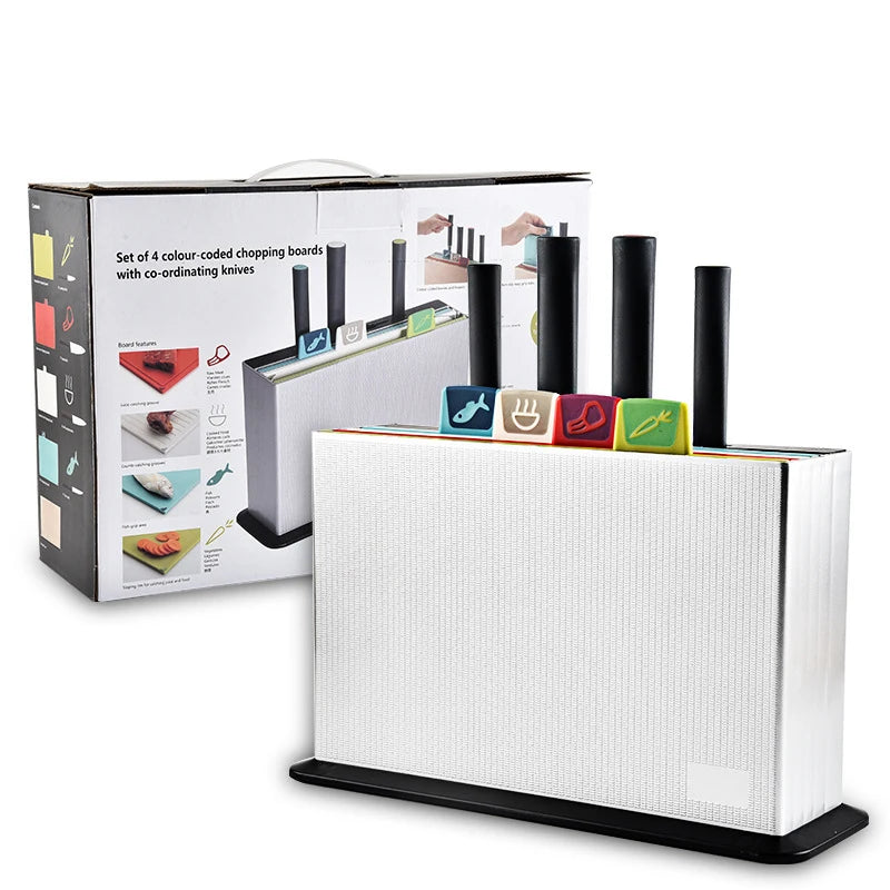 Non-slip Coloured Index 9-in-1 Multifunctional 9 in 1 Plastic Chopping Cutting Board Set with Knives Holder for Kitchen