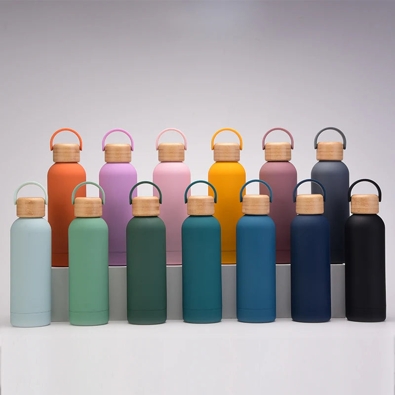 500 ML Small Mouth Design Portable Handle Lid  With Bamboo and Wood Material Simple Outdoor Sports Stainless Steel Water Bottle