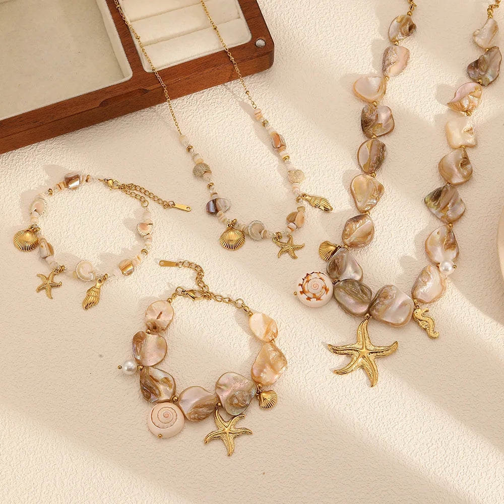 MC219 Wholesale 18k Gold Stainless Steel Seashell Starfish Conch Charm Pendant Bracelet Necklace Fashion Sets for Anniversaries