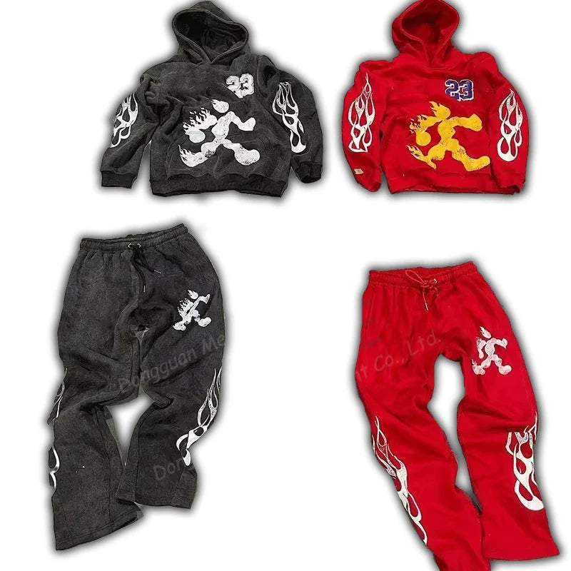MeiYue Custom Screen Printing Oversized Acid Wash Distressed Hoodies Two Piece Stacked Flared Sweatpants Hoodie Jogging Suits