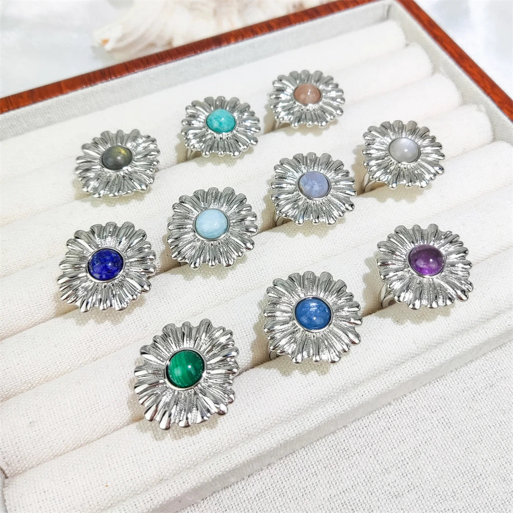 Beautiful Flower Design Silver Plated Ring Sunflower Natural Gemstone Amethyst Ring Daisy Blue Kyanite Agate Ring for Gifts
