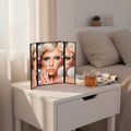 Factory Priced Custom Logo Portable Battery Powered Black Desktop Makeup Mirror Pink Tri-fold 8 LED Lights for Traveling Pink