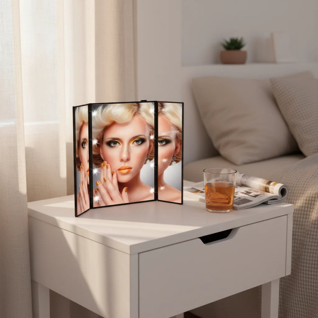 Factory Priced Custom Logo Portable Battery Powered Black Desktop Makeup Mirror Pink Tri-fold 8 LED Lights for Traveling Pink