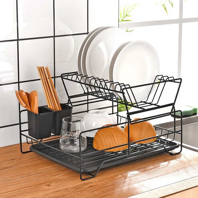 Multifunction Countertop Kitchen Dish Rack Drainer 2 Tier Dish Drying Rack Cutlery Drainer Dish Storage Holder
