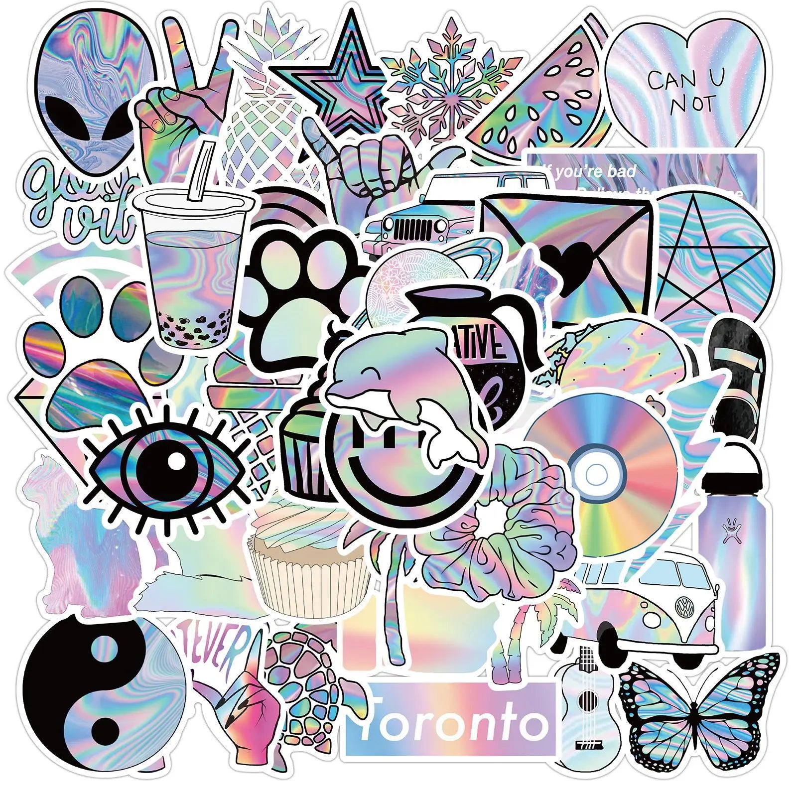 50Pcs Hologram Girlish Graffiti Stickers Decorative Label for Luggage Laptop Cup Scrapbook Notebook PVC Waterproof Sticker