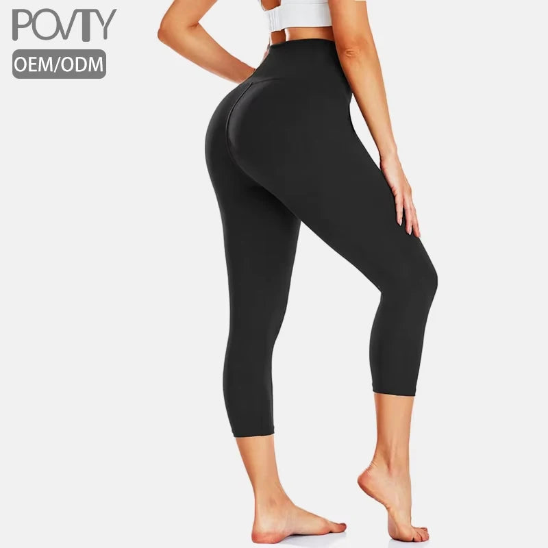 POVTY OEM ODM Custom Printed Elastic Waist Capri Leggings Women High Waisted Tummy Control Black Workout Yoga Pants Gym Fitness