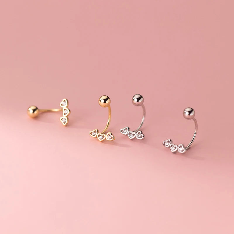 CZ Zircon 925 Sterling Silver Three Hearts Connected Ear Hooks Stud Earrings for Girls Gifts Jewelry
